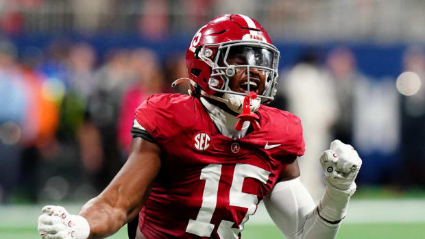 Alabama Crimson Tide linebacker Dallas Turner (15) celebrates after a sack in the second quarter against the Georgia Bulldogs in the SEC Championship at Mercedes-Benz Stadium.
